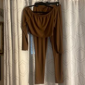 Pretty Little Thing, US 10, Brown 2pc Crop To Pant Set